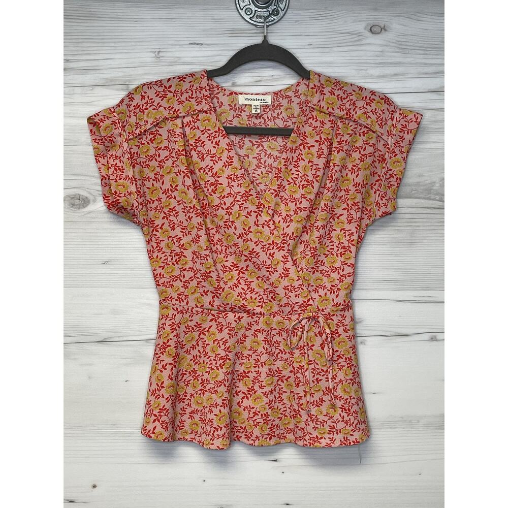 Monteau Blouse Womens Small Pink Red Yellow Floral‎ Short Sleeve Wrap Peplum Top